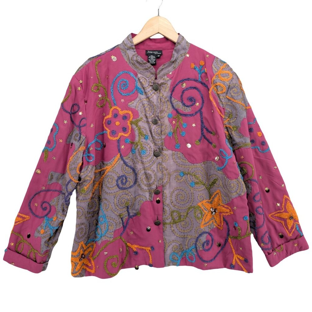 Jeevan Life Blazer Womens Purple Multicolor Embroidered Embellished Sequin Sz 1X